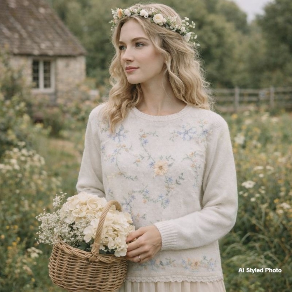 Bydesign‎ Floral Embroidered Knit Sweater Women's L Cottagecore Romantic Vintage